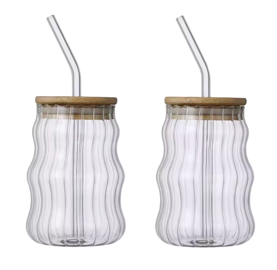 Mason jar ondulé avec Paille – 500 ml