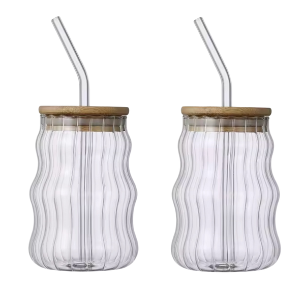 Mason jar ondulé avec Paille – 500 ml