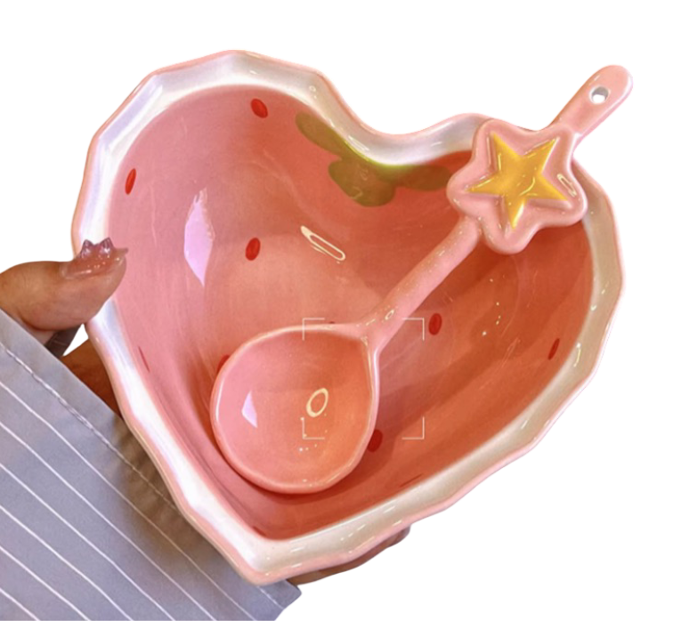 Bol Cœur Fraise en Céramique avec Cuillère
