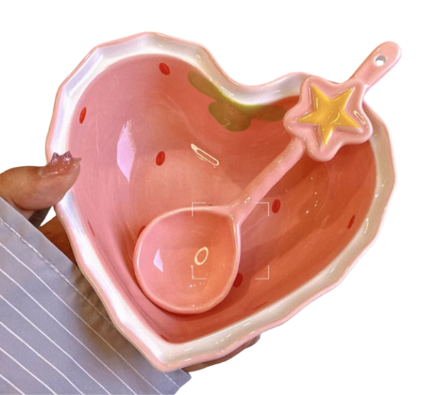 Bol Cœur Fraise en Céramique avec Cuillère